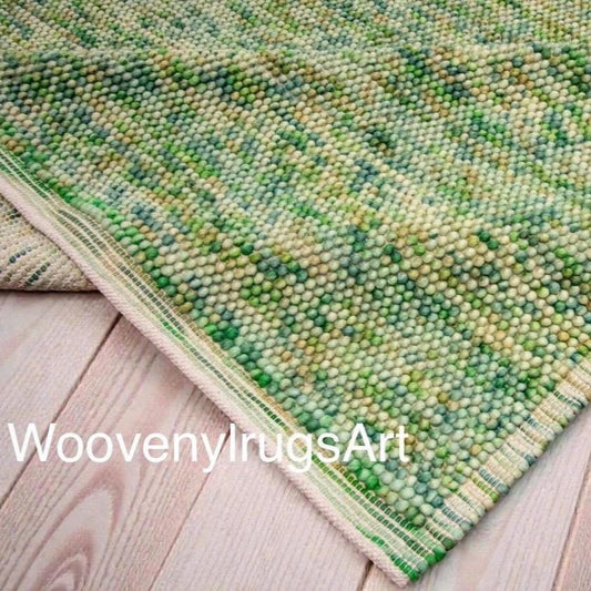 Hand Loomed Wool Rug: Sage Green Moss Textured Pebble Loop Area Rug