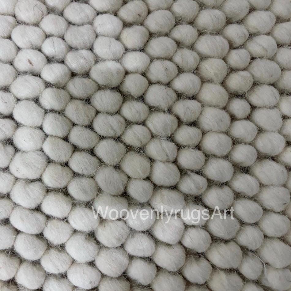 Handmade Wool Pebble Rug, Neutral Ivory Felt Ball Carpet, Scandinavian Home Decor