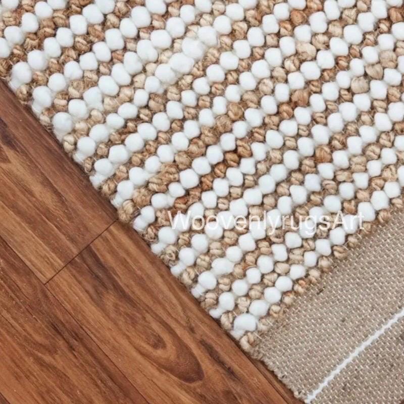 Handwoven Wool Jute Bubble Rug, Neutral Boho Textured Carpet, Ivory Beige Living Room Decor