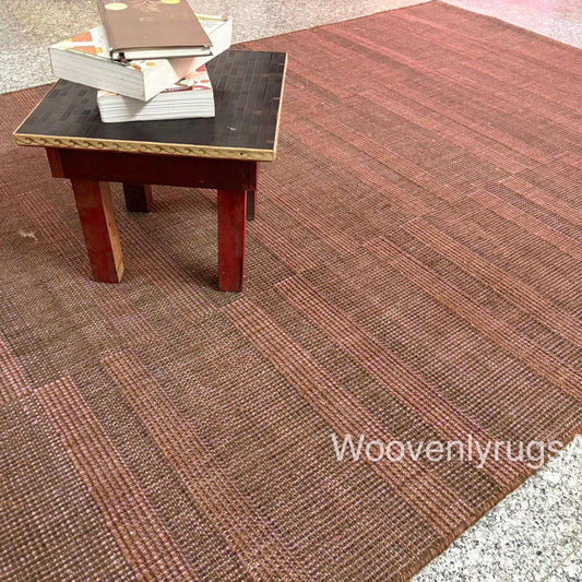 Handwoven Wool Dhurrie Rug, Modern Minimalist Flatweave Carpet, Brown Pink Home Decor