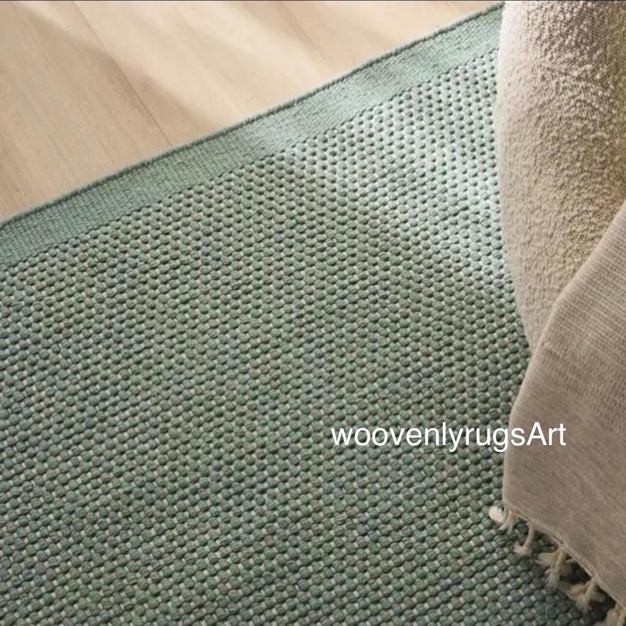Handmade Wool Dhurrie Rug, Sage Green Flatweave, Minimalist Boho Home Decor