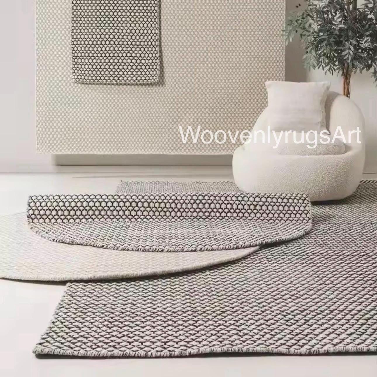 Handwoven Wool Rug Black White Geometric Pattern | Modern Minimalist Dhurrie Area Rug