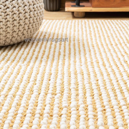 Handmade Yellow and White Wool Rug  Modern Tufted Area Rug Soft Cozy Home Decor