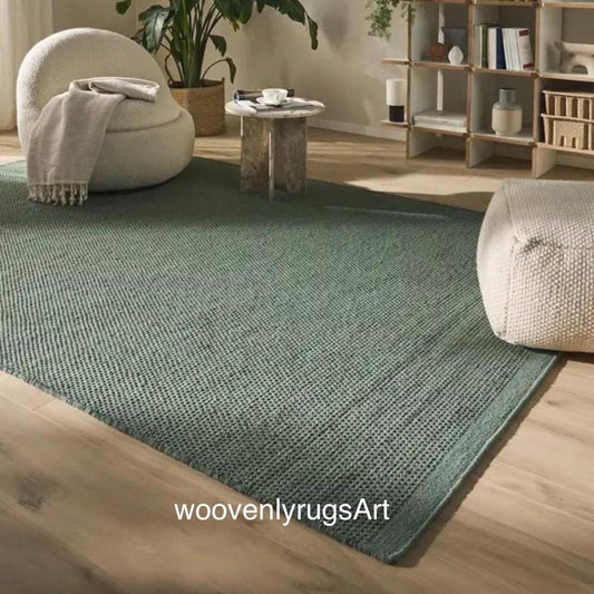 Handmade Wool Dhurrie Rug, Sage Green Flatweave, Minimalist Boho Home Decor