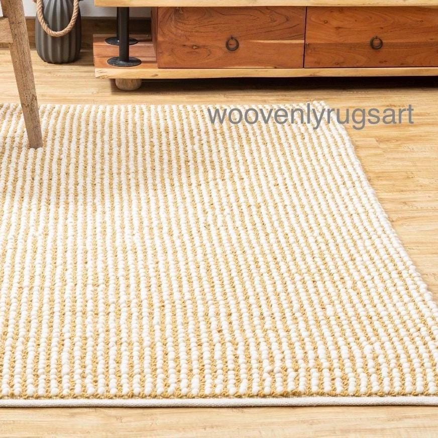 Handmade Yellow and White Wool Rug  Modern Tufted Area Rug Soft Cozy Home Decor