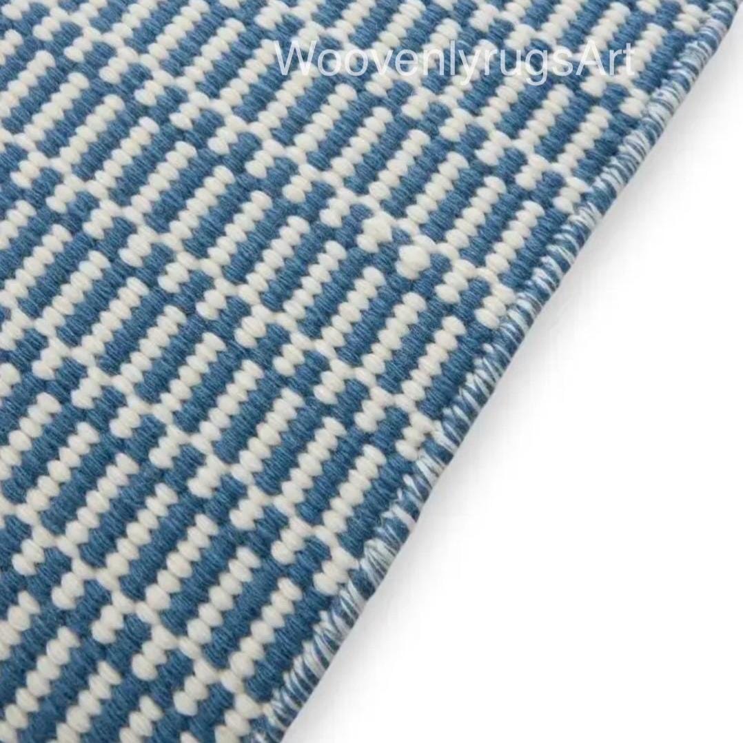 Handwoven Blue White Geometric Cotton Dhurrie Rug, Modern Scandinavian Flatweave Carpet