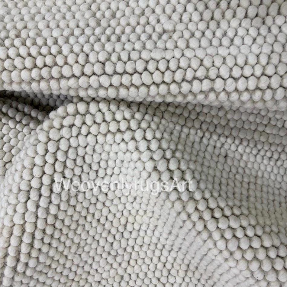 Handmade Wool Pebble Rug, Neutral Ivory Felt Ball Carpet, Scandinavian Home Decor