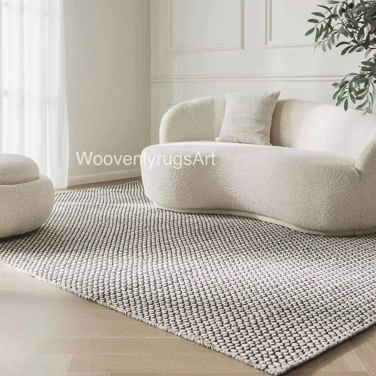 Handwoven Wool Rug Black White Geometric Pattern | Modern Minimalist Dhurrie Area Rug