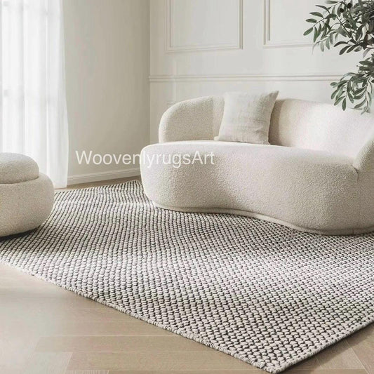 Handwoven Wool Rug Black White Geometric Pattern | Modern Minimalist Dhurrie Area Rug