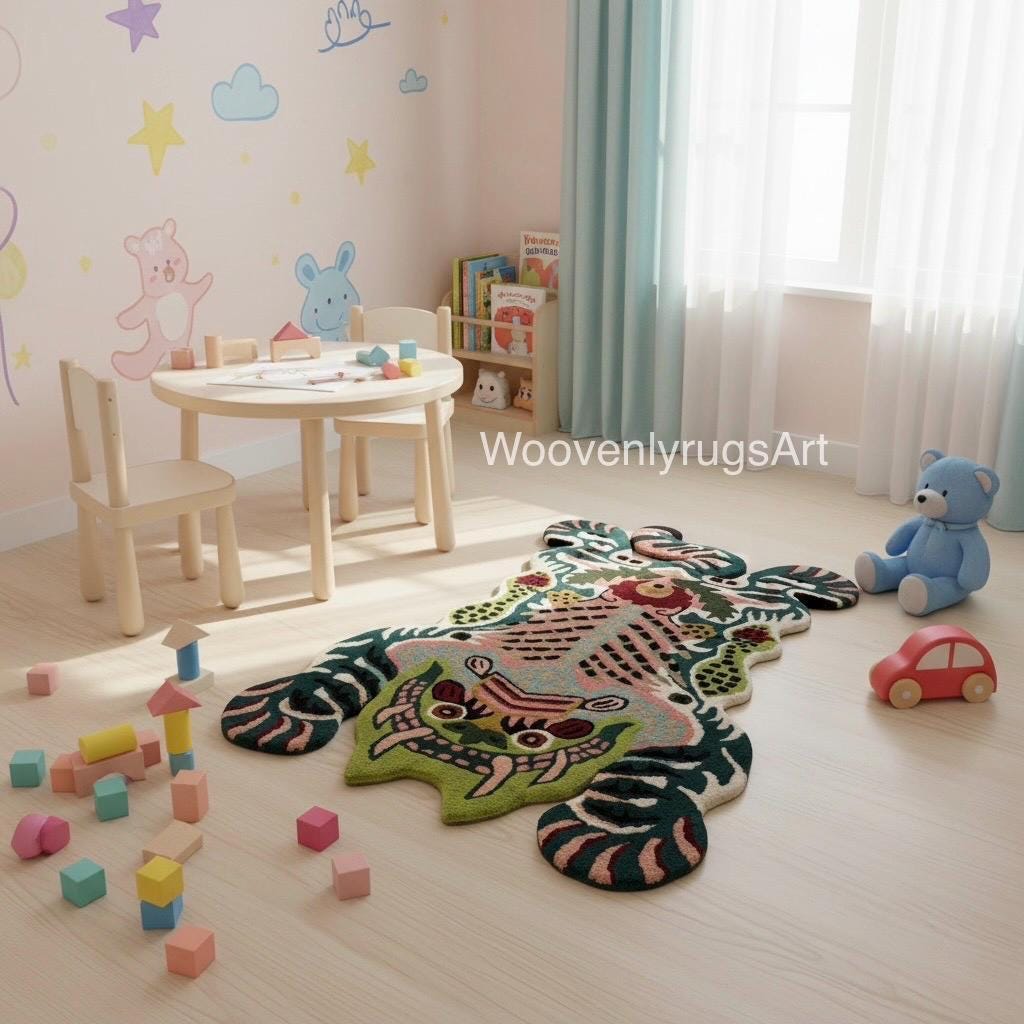 Hand Tufted Wool Tiger Rug, Abstract Animal Shape, Jungle Theme Area Carpet
