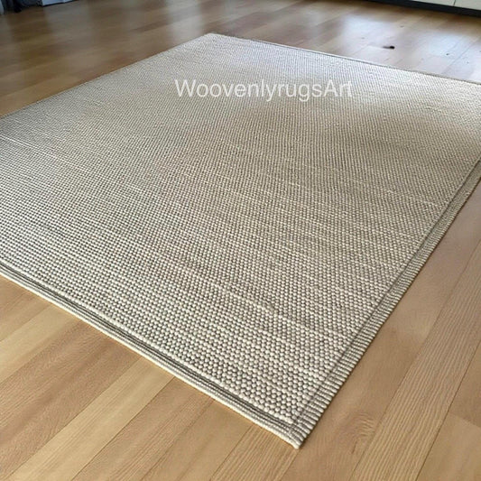Handwoven Wool Rug Beige Neutral Minimalist | Modern Flatweave Dhurrie Scandinavian Carpet