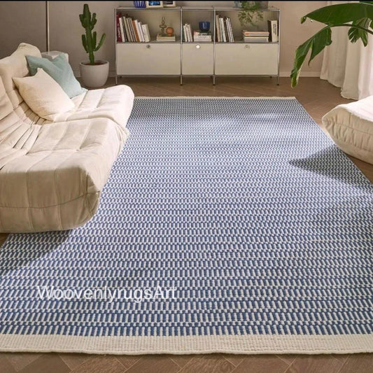 Handwoven Blue White Geometric Cotton Dhurrie Rug, Modern Scandinavian Flatweave Carpet