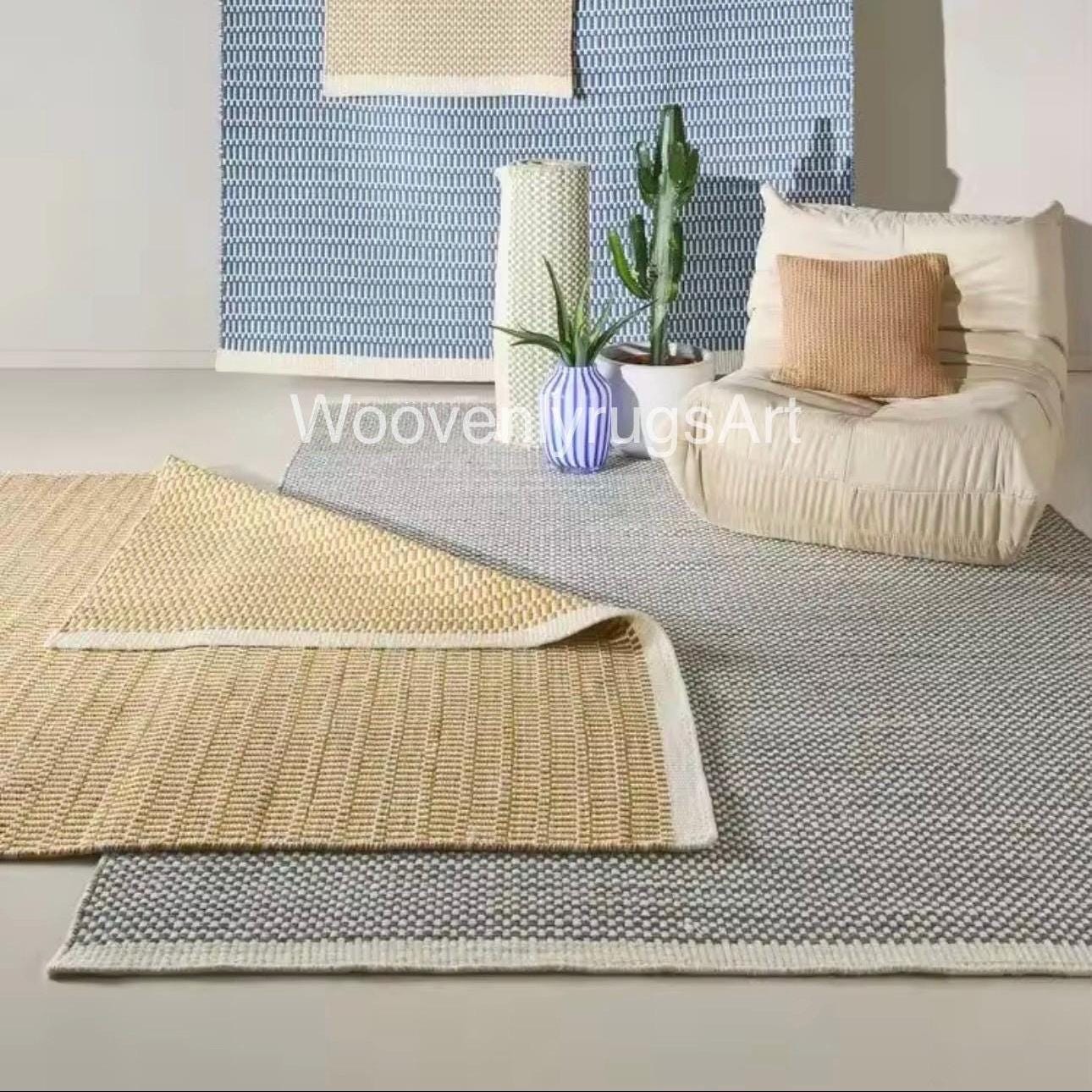 Handwoven Neutral Checkered Wool Rug, Beige Cream, Modern Boho Flatweave Carpet