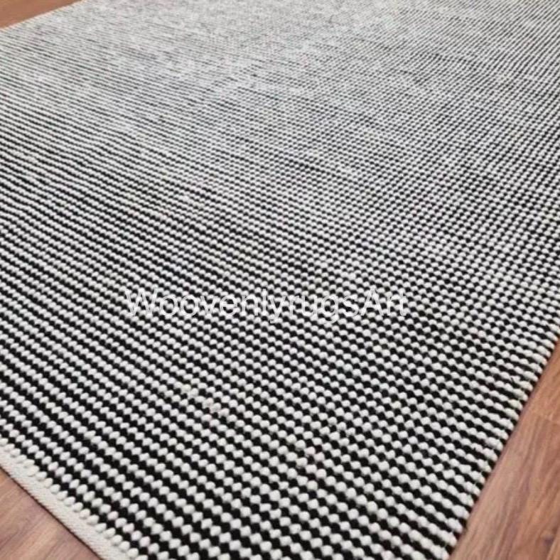 Handwoven Black White Wool Dhurrie Rug, Geometric Flatweave Scandinavian Boho Floor Decor