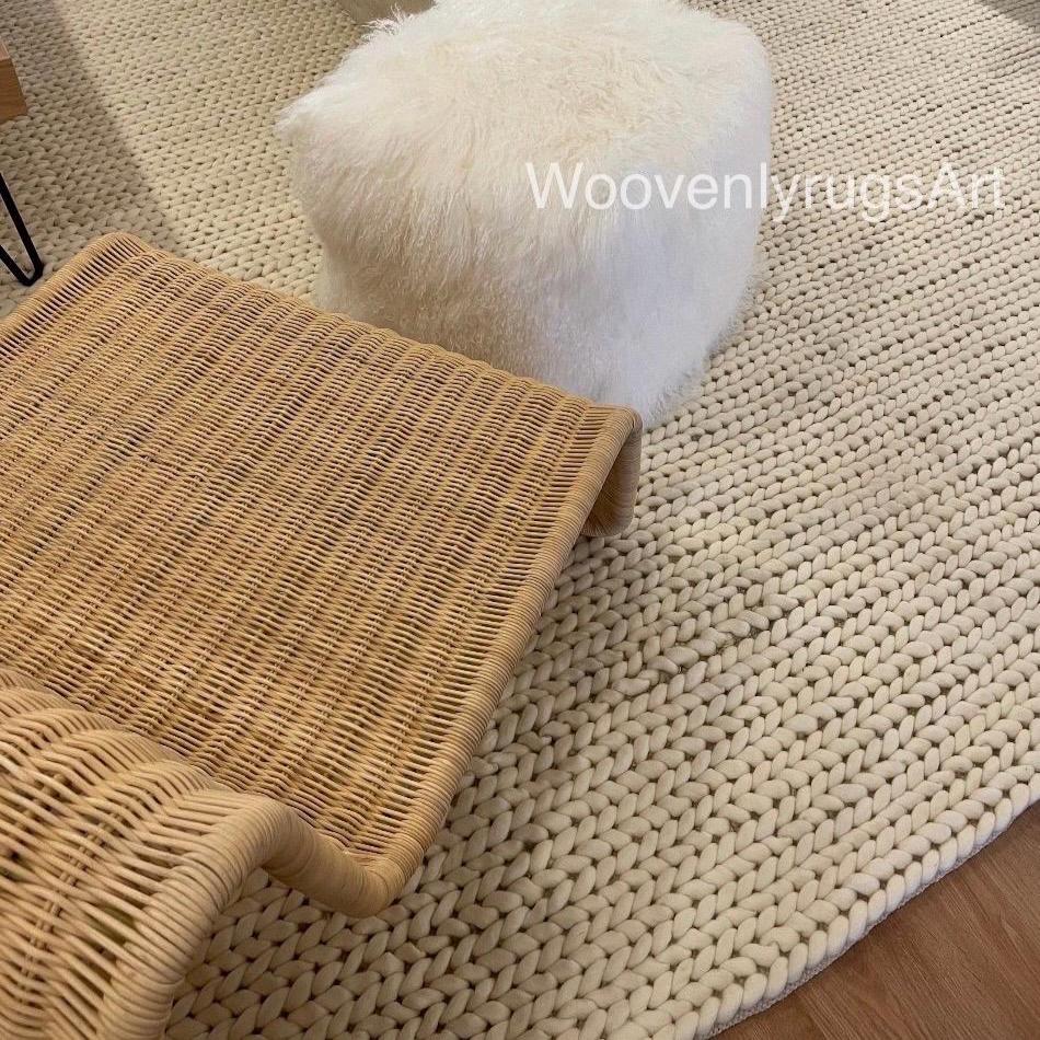 Handmade Chunky Knit Wool Rug, Ivory Thick Loop Carpet, Cozy Scandinavian Floor Rug