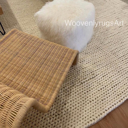 Handmade Chunky Knit Wool Rug, Ivory Thick Loop Carpet, Cozy Scandinavian Floor Rug