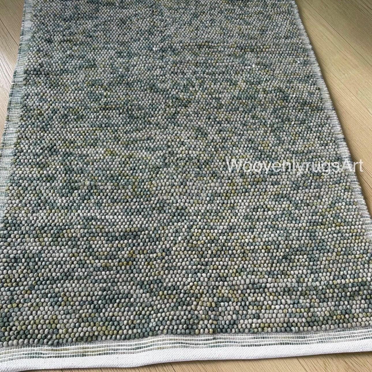 Handmade Wool Felt Ball Rug, Pebble Stone Texture, Grey Green Area Carpet