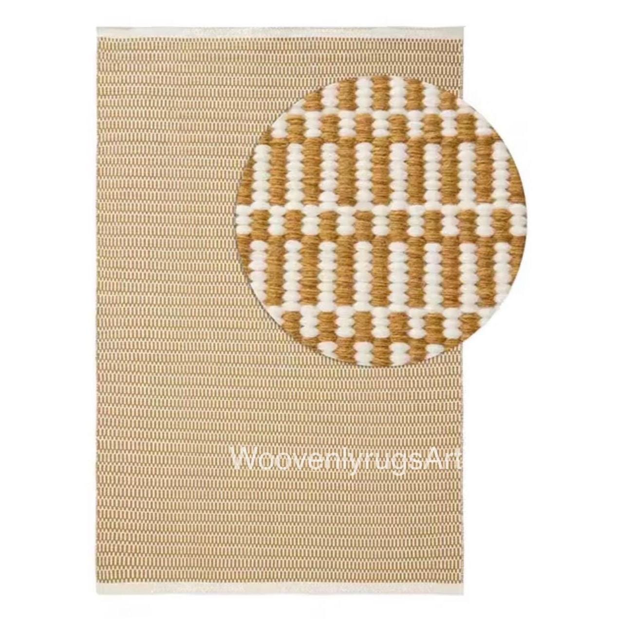 Handmade Wool Dhurrie mat Mustard Ivory Geometric Flatweave carpet Boho Area Rug