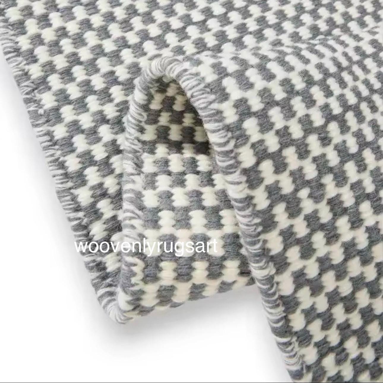 Handmade Wool Dhurrie Rug Grey & Ivory Minimalist Flatweave Carpet