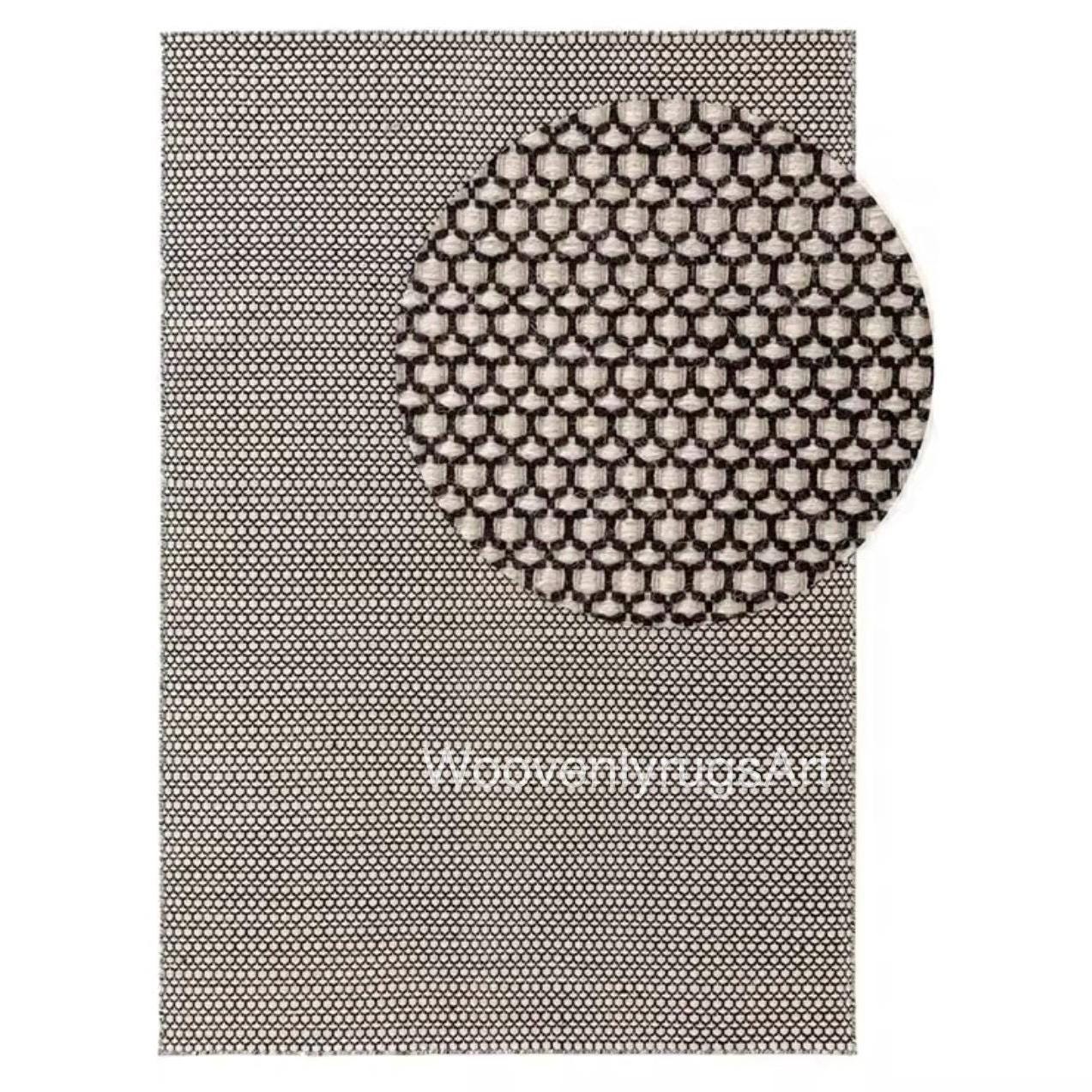 Handwoven Wool Rug Black White Geometric Pattern | Modern Minimalist Dhurrie Area Rug