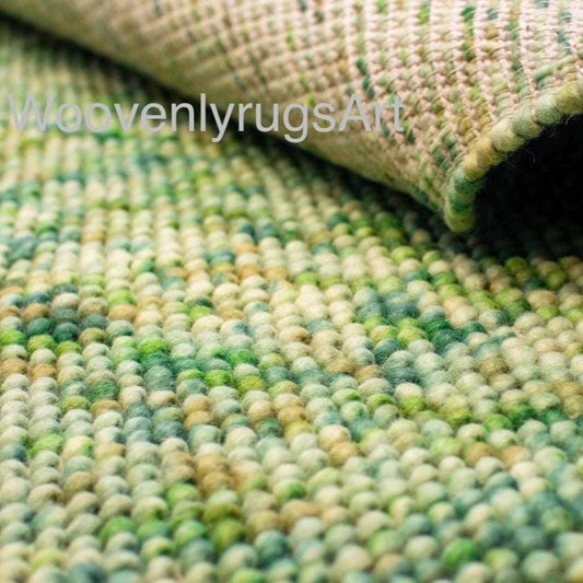 Hand Loomed Wool Rug: Sage Green Moss Textured Pebble Loop Area Rug