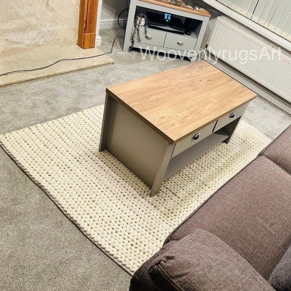 Handmade Chunky Knit Wool Rug, Ivory Thick Loop Carpet, Cozy Scandinavian Floor Rug