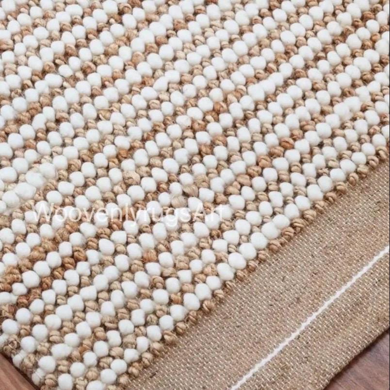 Handwoven Wool Jute Bubble Rug, Neutral Boho Textured Carpet, Ivory Beige Living Room Decor
