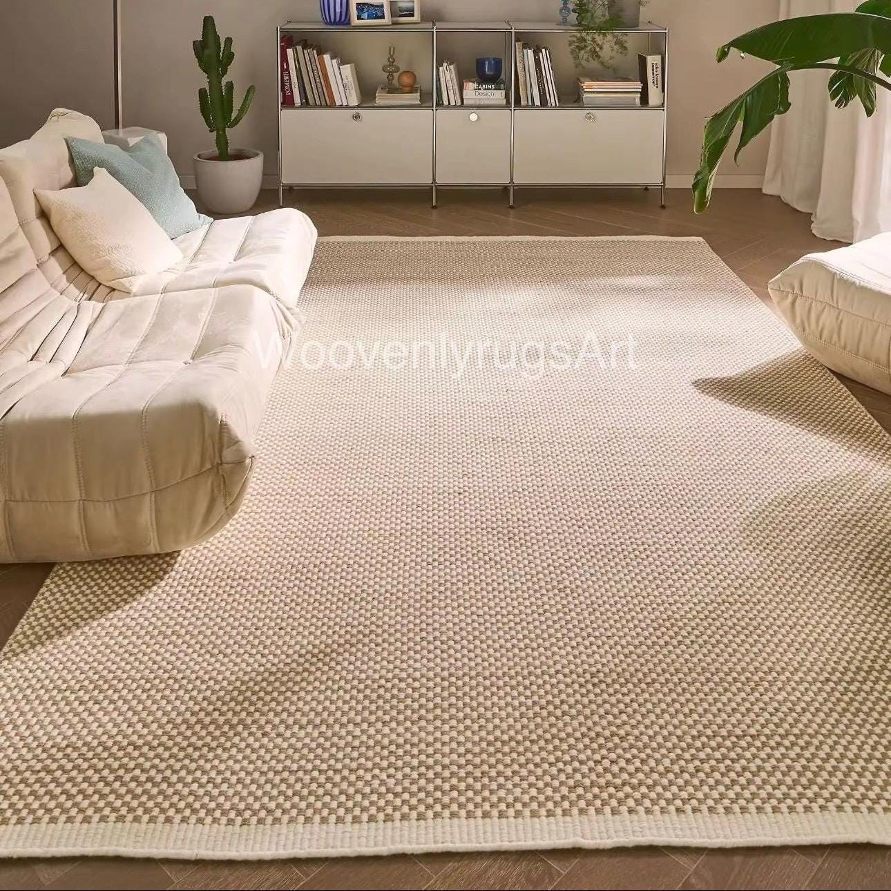 Handwoven Neutral Checkered Wool Rug, Beige Cream, Modern Boho Flatweave Carpet