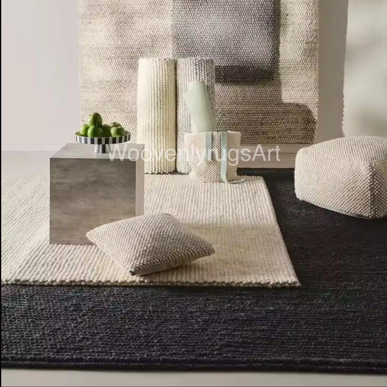 Handwoven Wool Rug, Neutral Beige Pebble Texture, Modern Minimalist Area Carpet