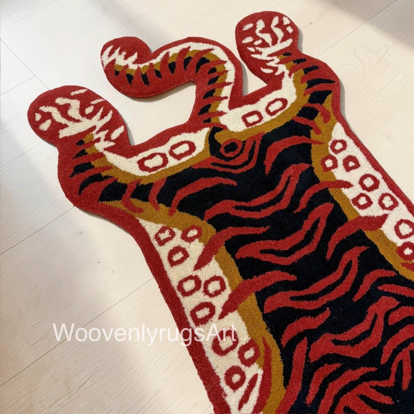 Hand Tufted Tiger Rug, Abstract Animal Shape, Modern Statement Carpet, Red Black Decor