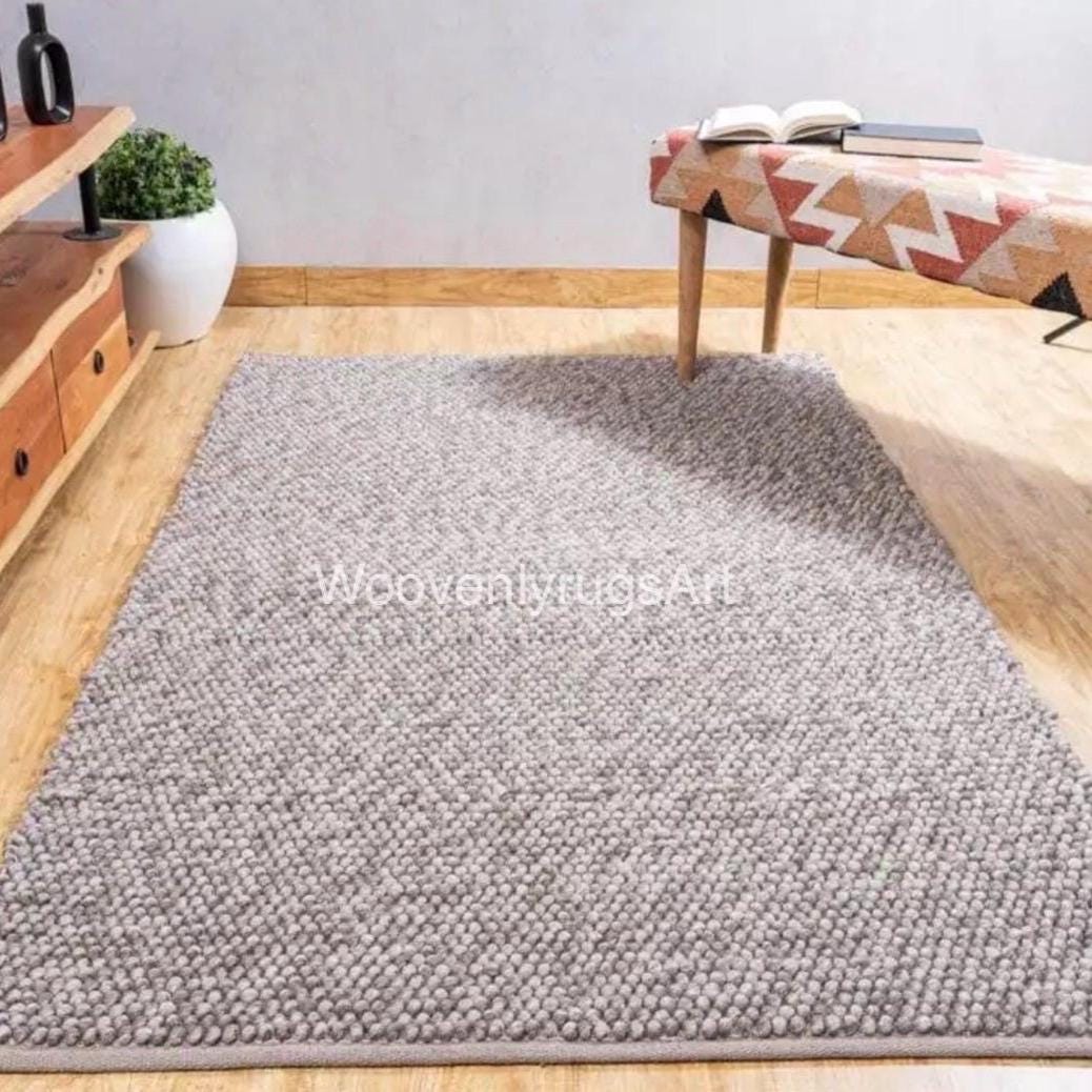 Handwoven Wool Rug, Grey Chunky Textured Loop Pile Carpet, Modern Minimalist Decor
