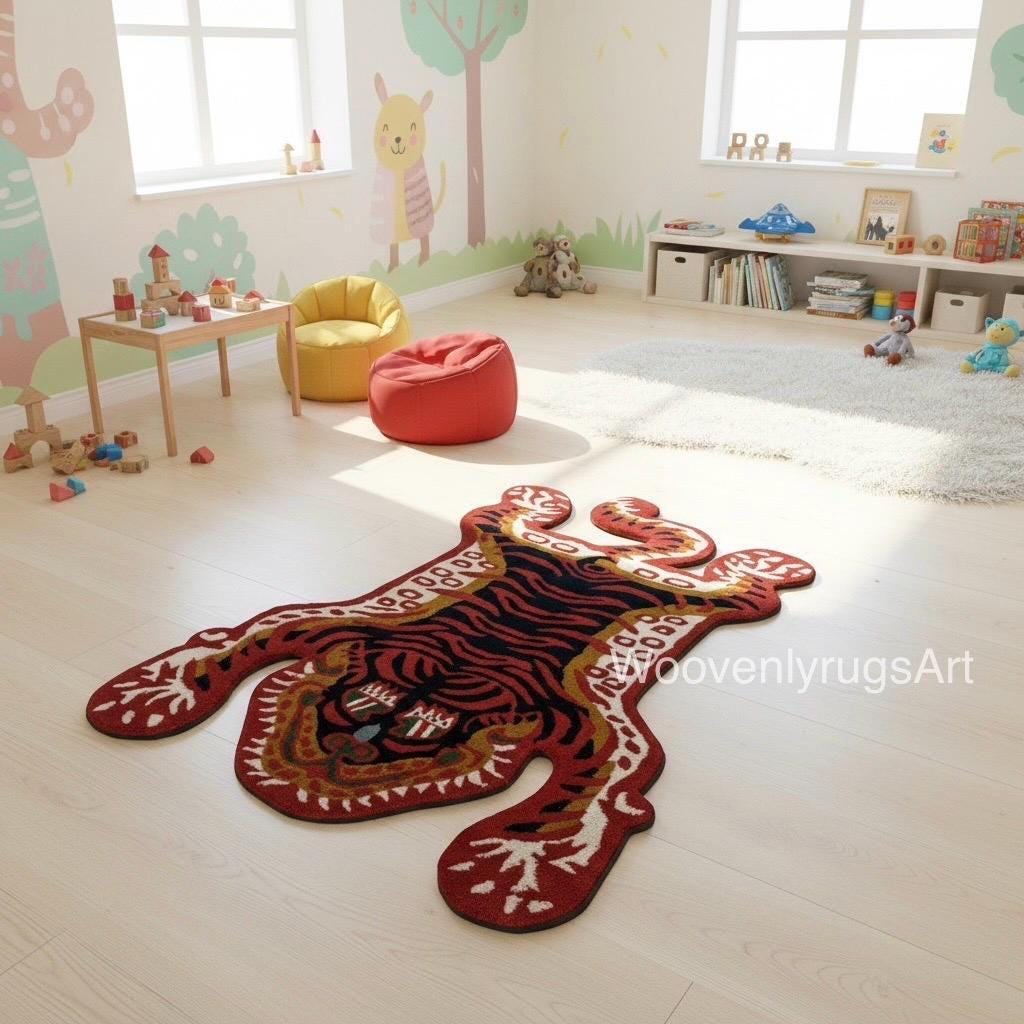 Hand Tufted Tiger Rug, Abstract Animal Shape, Modern Statement Carpet, Red Black Decor