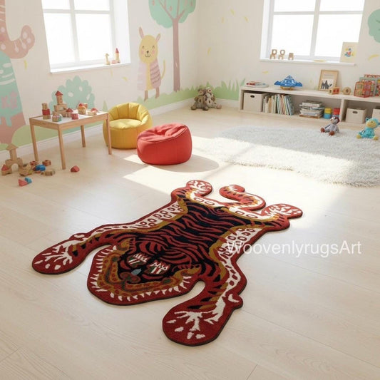 Hand Tufted Tiger Rug, Abstract Animal Shape, Modern Statement Carpet, Red Black Decor