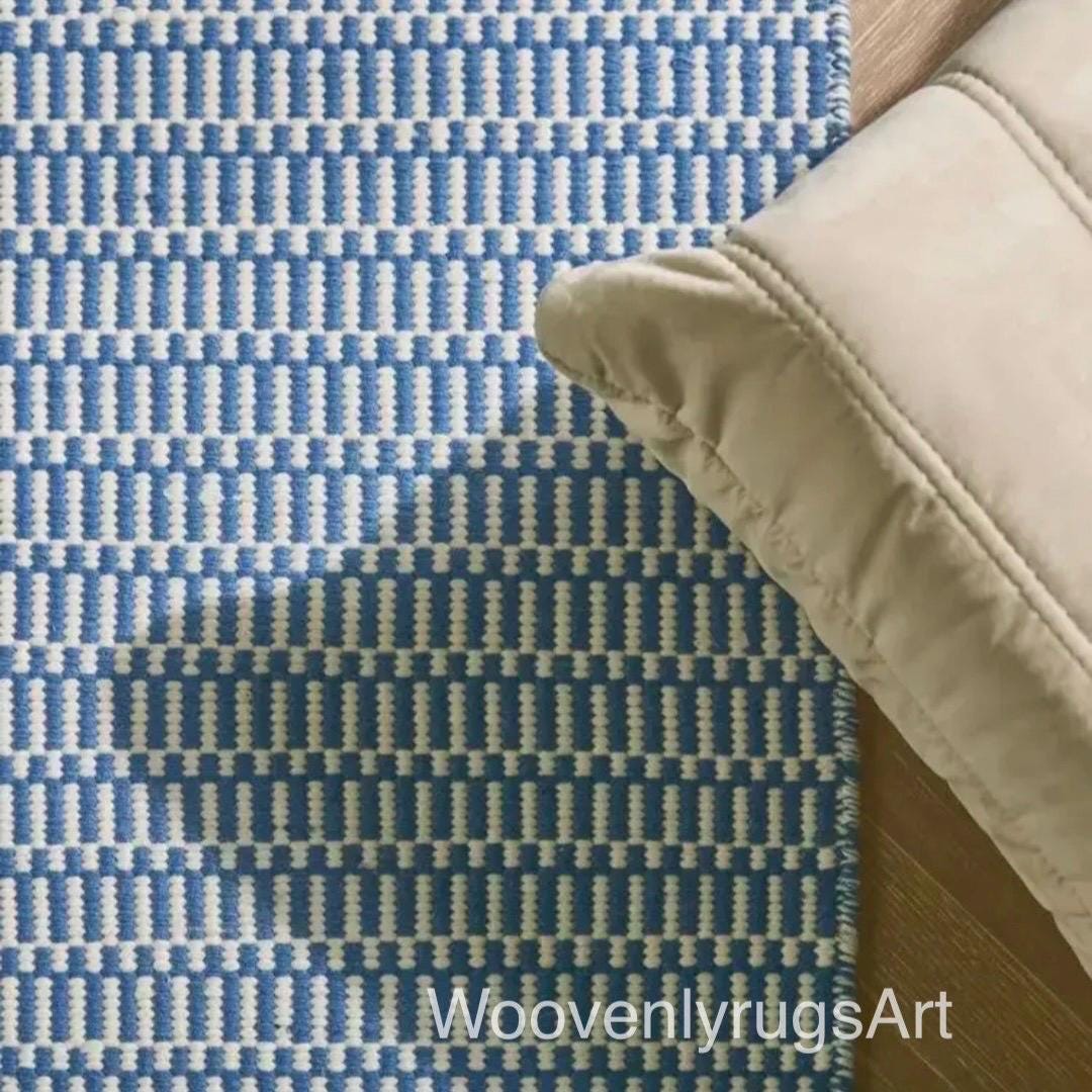 Handwoven Blue White Geometric Cotton Dhurrie Rug, Modern Scandinavian Flatweave Carpet