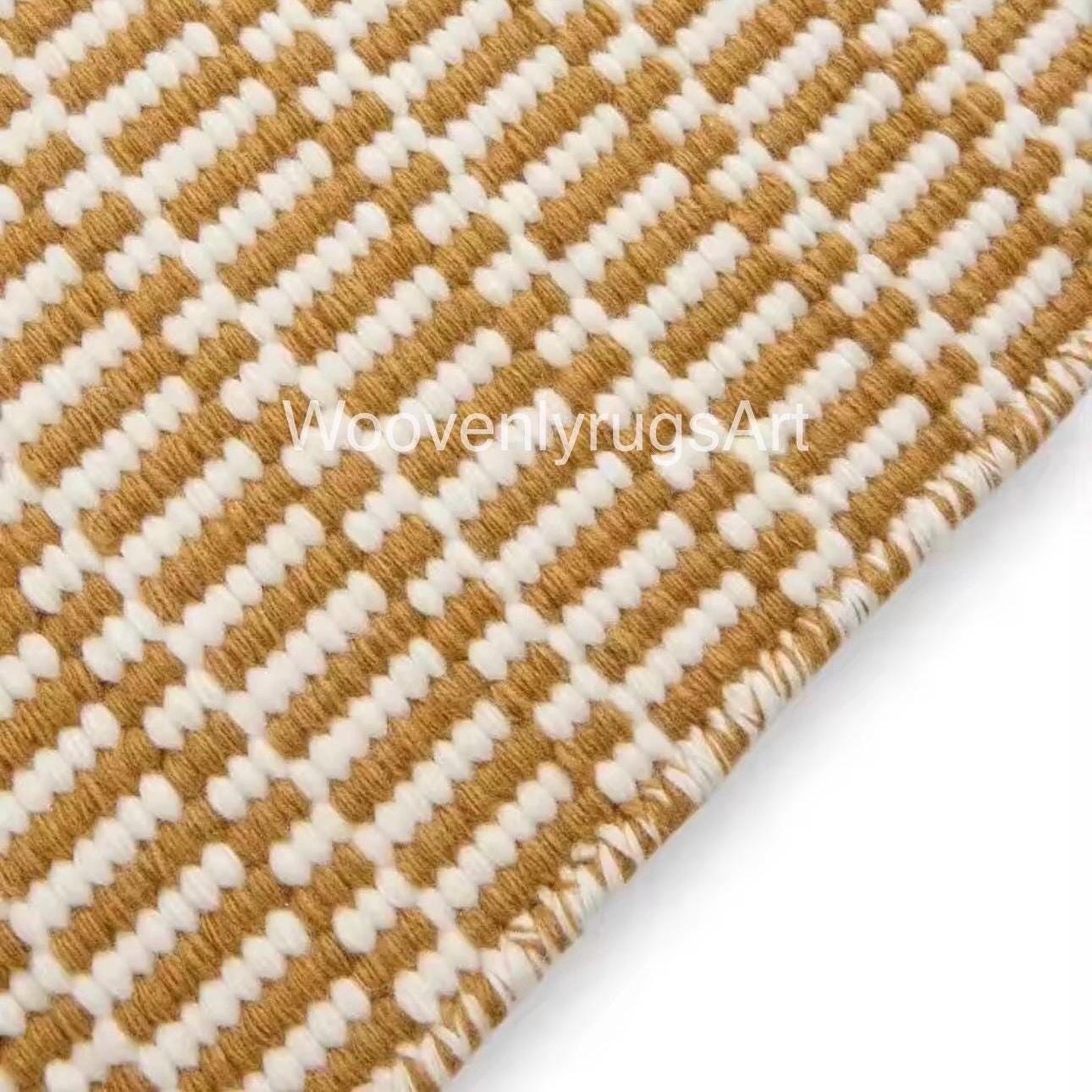 Handmade Wool Dhurrie mat Mustard Ivory Geometric Flatweave carpet Boho Area Rug