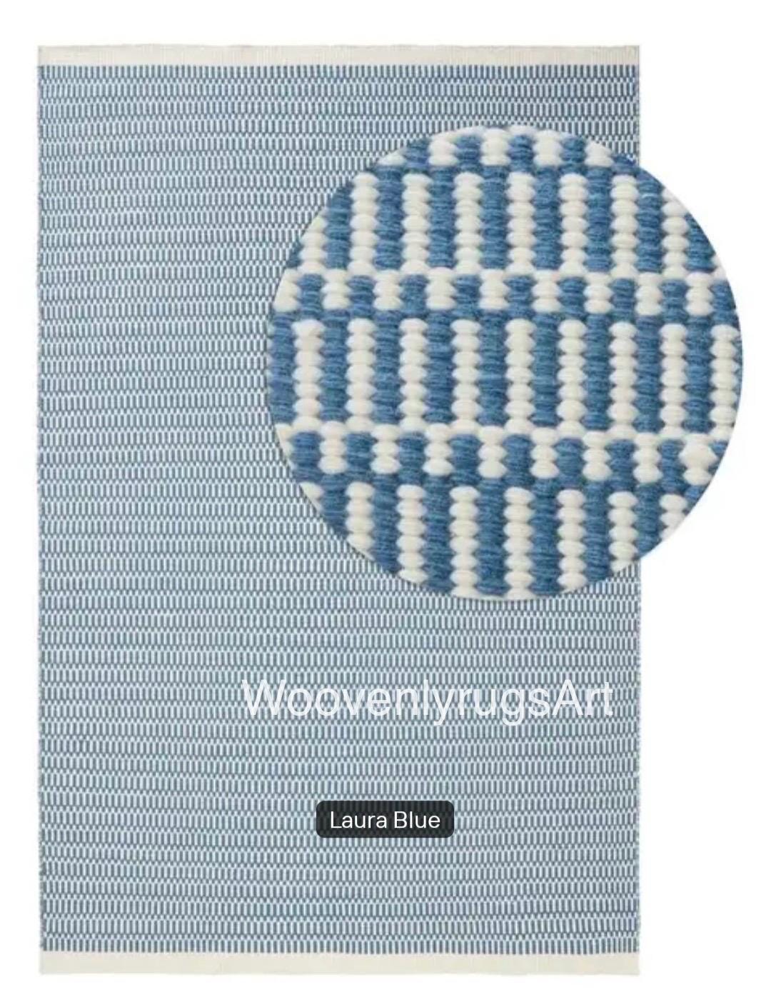 Handwoven Blue White Geometric Cotton Dhurrie Rug, Modern Scandinavian Flatweave Carpet