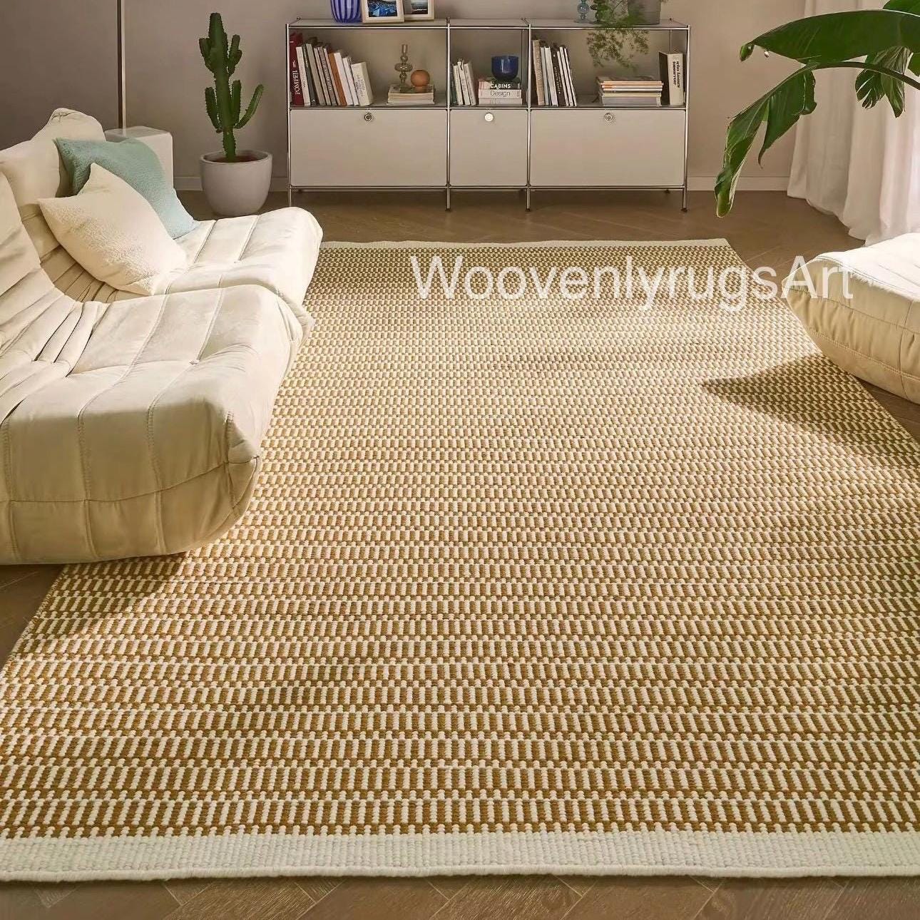 Handmade Wool Dhurrie mat Mustard Ivory Geometric Flatweave carpet Boho Area Rug