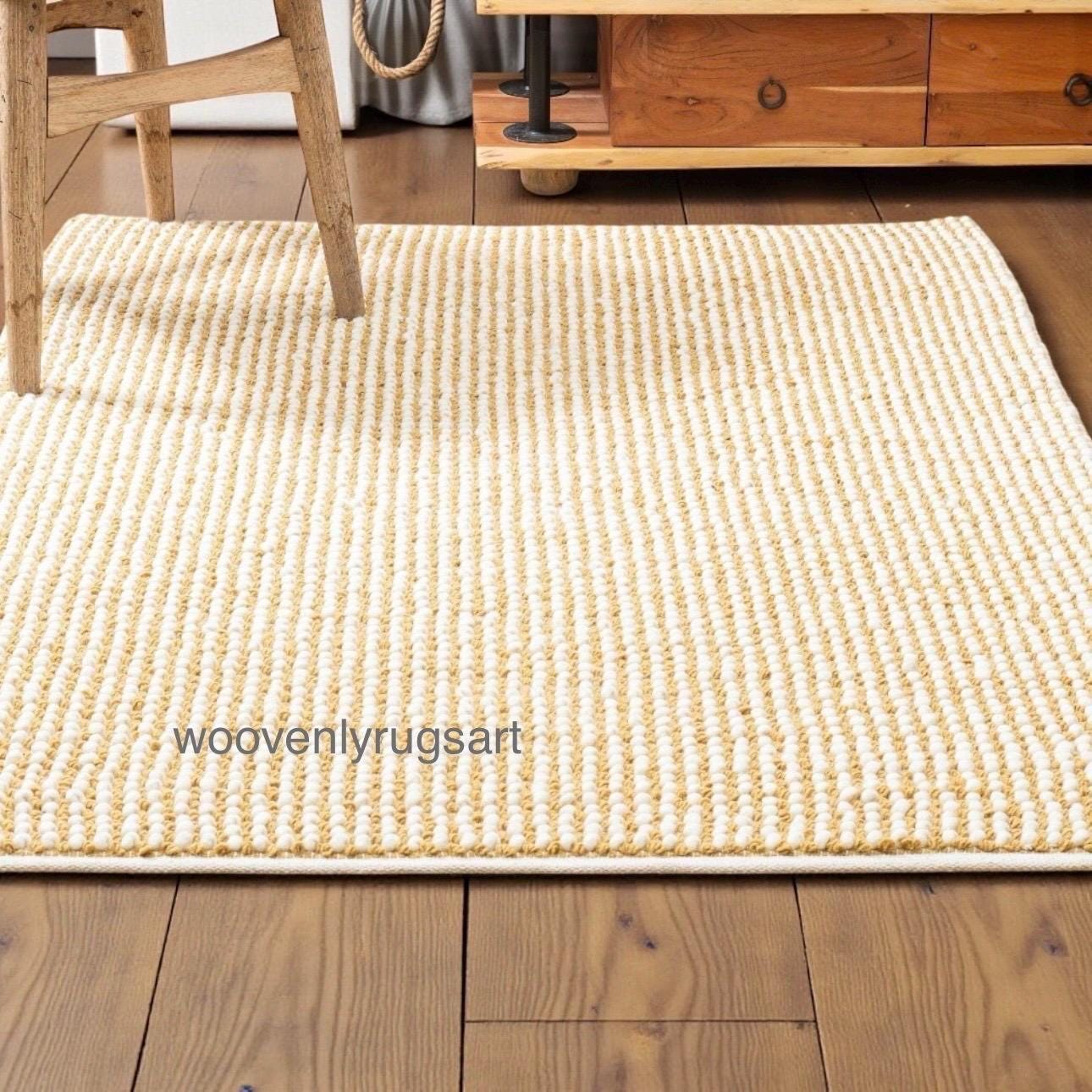 Handmade Yellow and White Wool Rug  Modern Tufted Area Rug Soft Cozy Home Decor