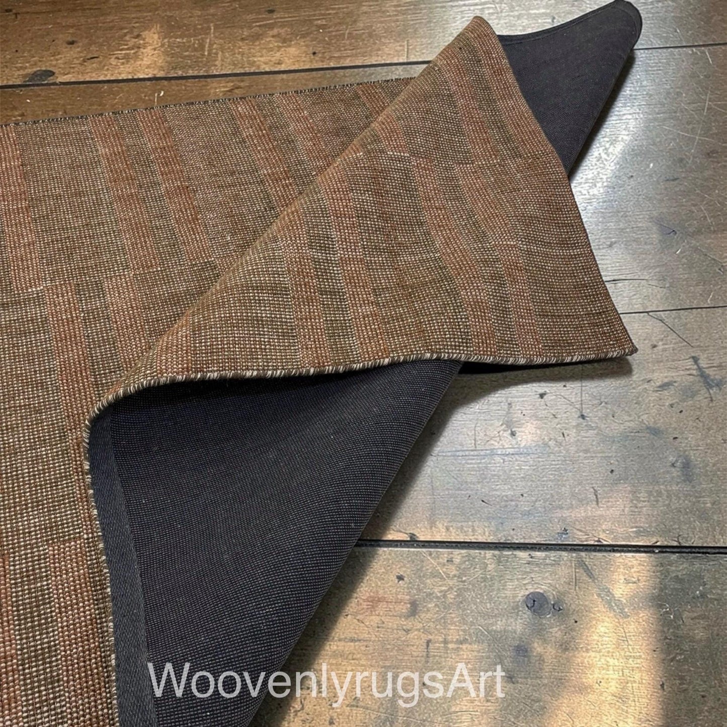 Brown Plaid Wool Handloom Rug | Minimalist Area Carpet