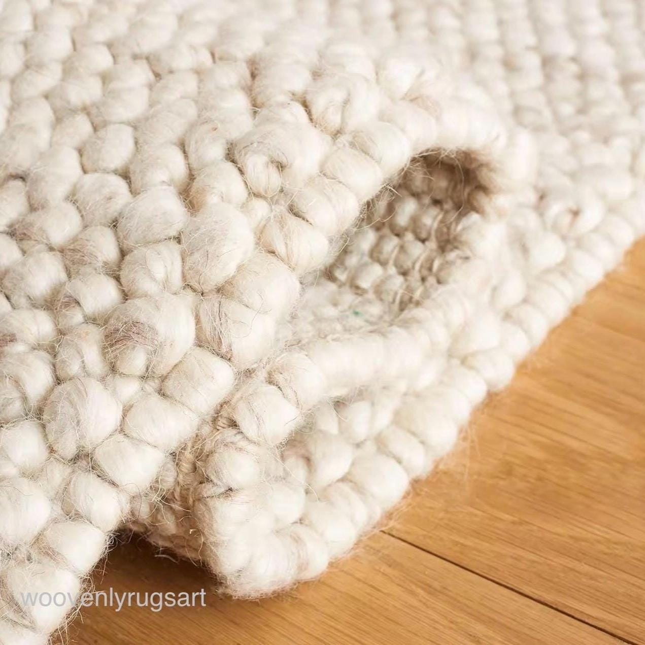 Handmade Wool Ball Rug Ivory Pebble Texture Rug Soft Cozy Floor Carpet