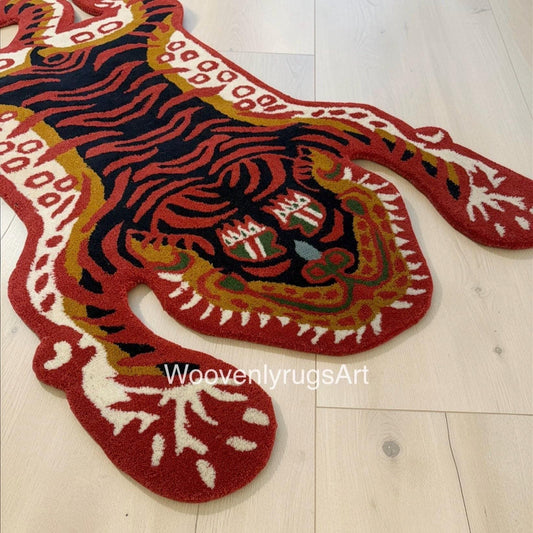 Hand Tufted Tiger Rug, Abstract Animal Shape, Modern Statement Carpet, Red Black Decor