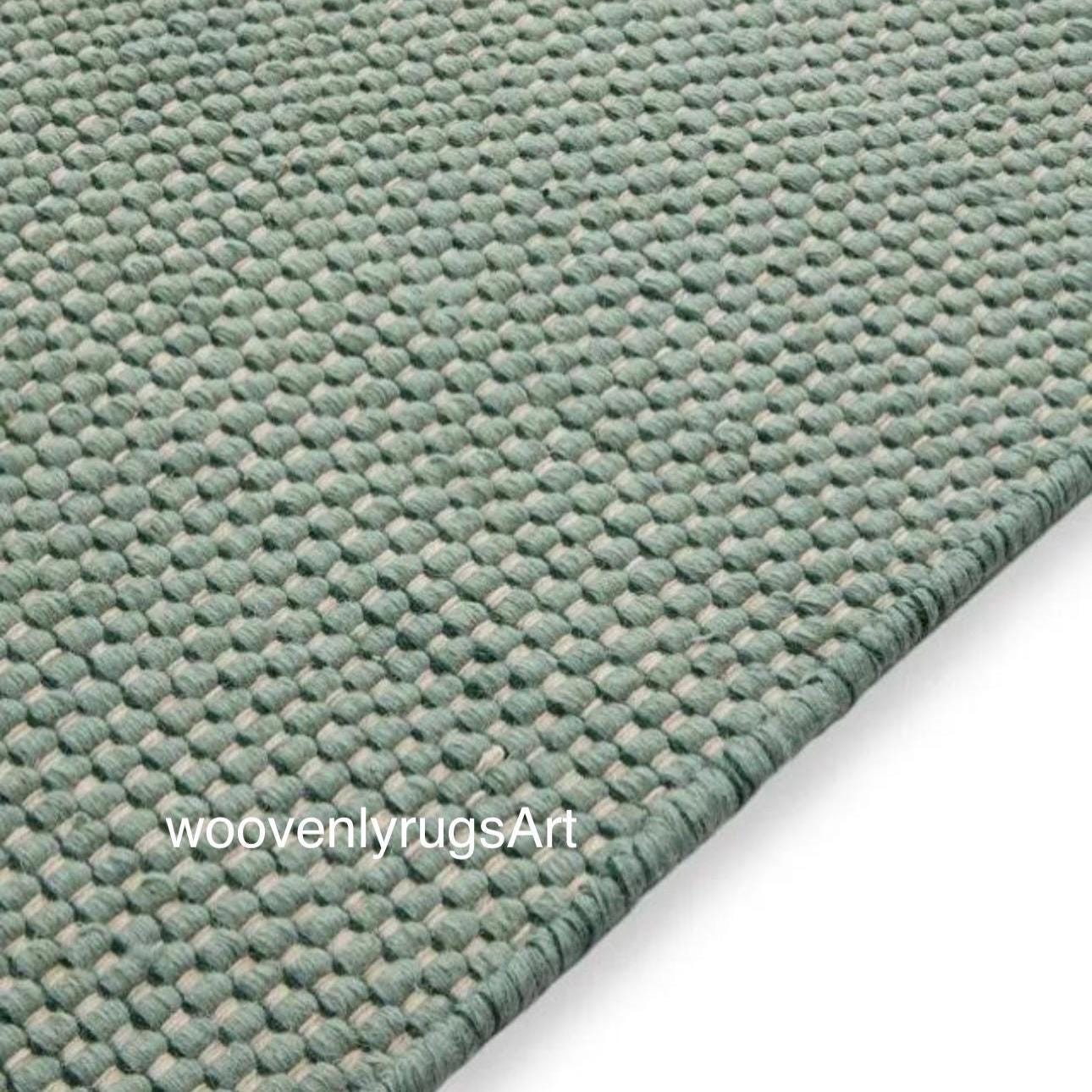 Handmade Wool Dhurrie Rug, Sage Green Flatweave, Minimalist Boho Home Decor