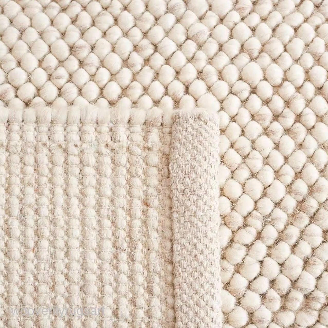 Handmade Wool Ball Rug Ivory Pebble Texture Rug Soft Cozy Floor Carpet