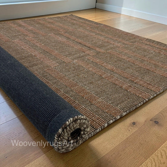 Brown Plaid Wool Handloom Rug | Minimalist Area Carpet