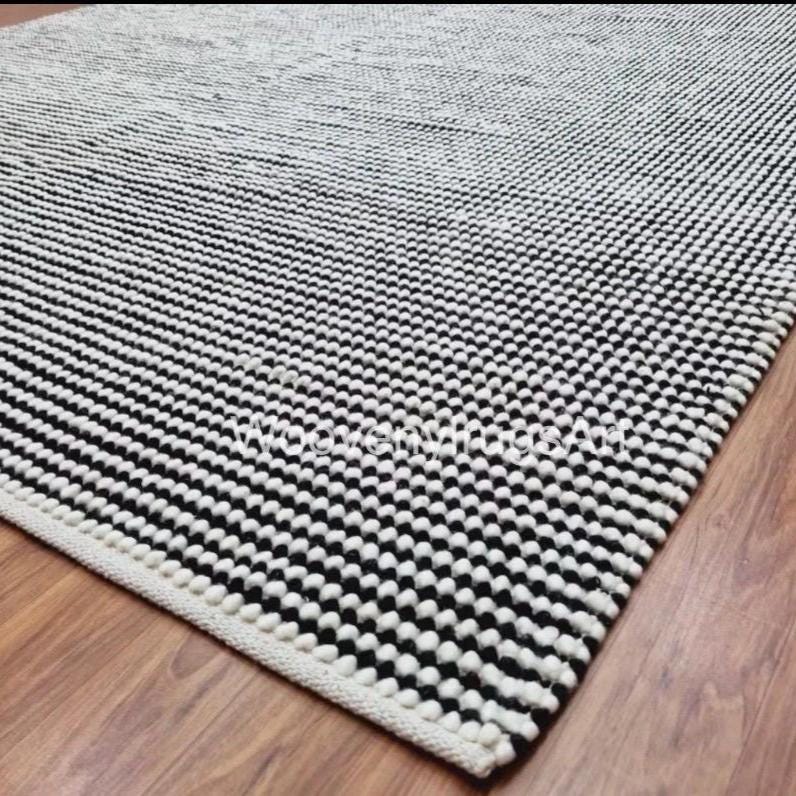 Handwoven Black White Wool Dhurrie Rug, Geometric Flatweave Scandinavian Boho Floor Decor