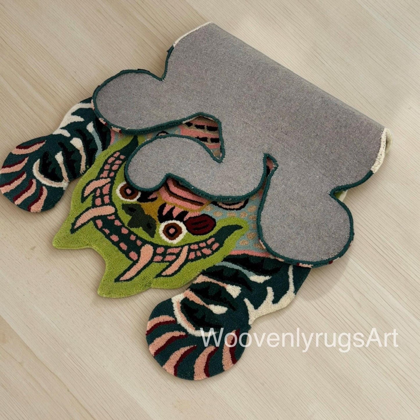 Hand Tufted Wool Tiger Rug, Abstract Animal Shape, Jungle Theme Area Carpet