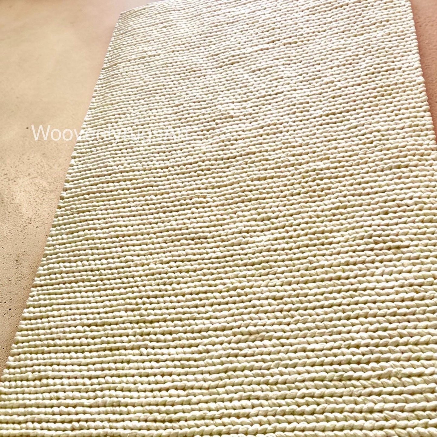 Handmade Chunky Knit Wool Rug, Ivory Thick Loop Carpet, Cozy Scandinavian Floor Rug