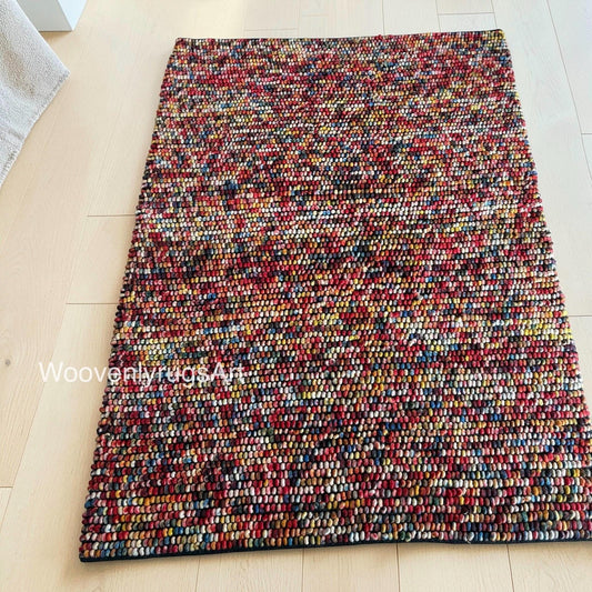 Handwoven Multicolor Wool Pebble Rug, Chunky Loop Boho Area Carpet