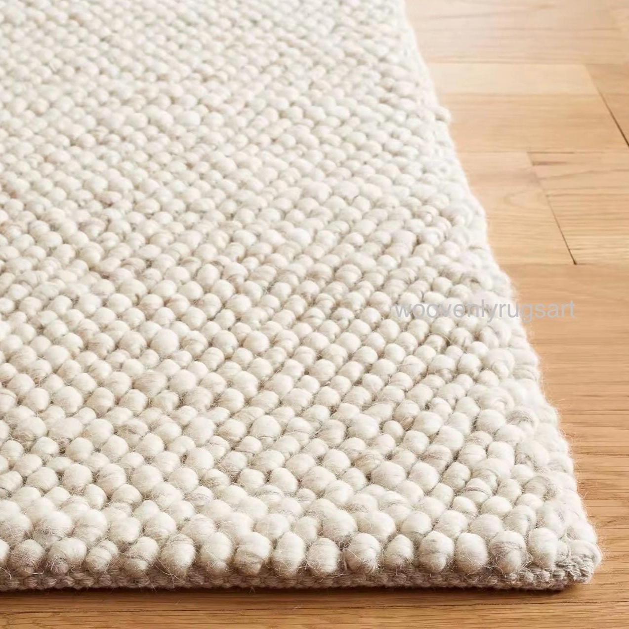 Handmade Wool Ball Rug Ivory Pebble Texture Rug Soft Cozy Floor Carpet