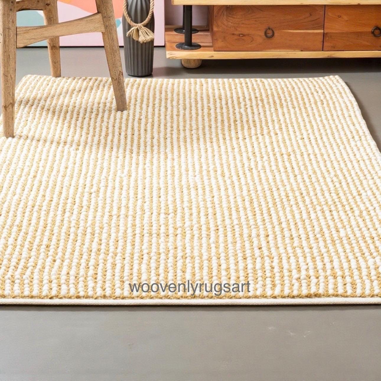 Handmade Yellow and White Wool Rug  Modern Tufted Area Rug Soft Cozy Home Decor